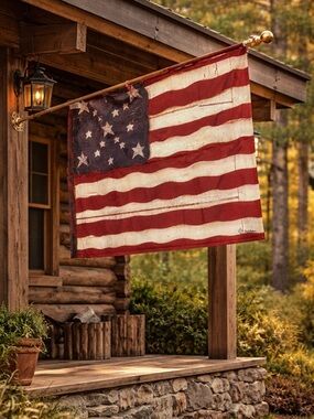 American Flag House Banner Carol Endres Toland 35" x 24" Folk Rustic Wood Look
